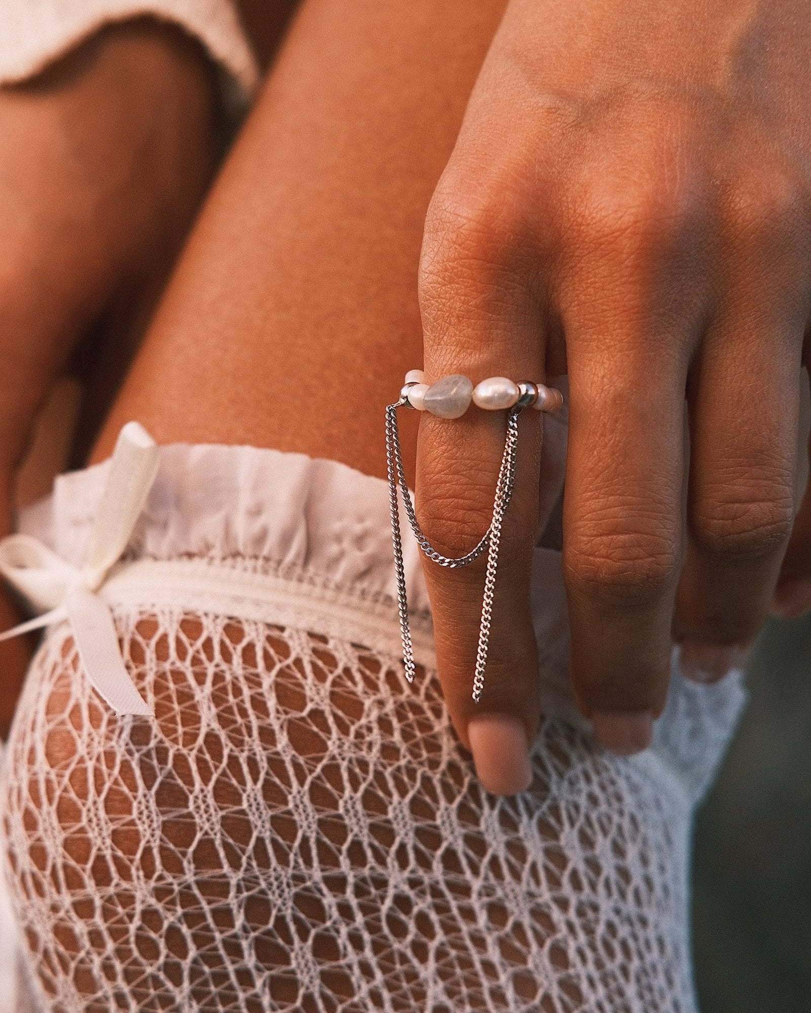 Tethered Pearl Ring — Sterling Silver Ring