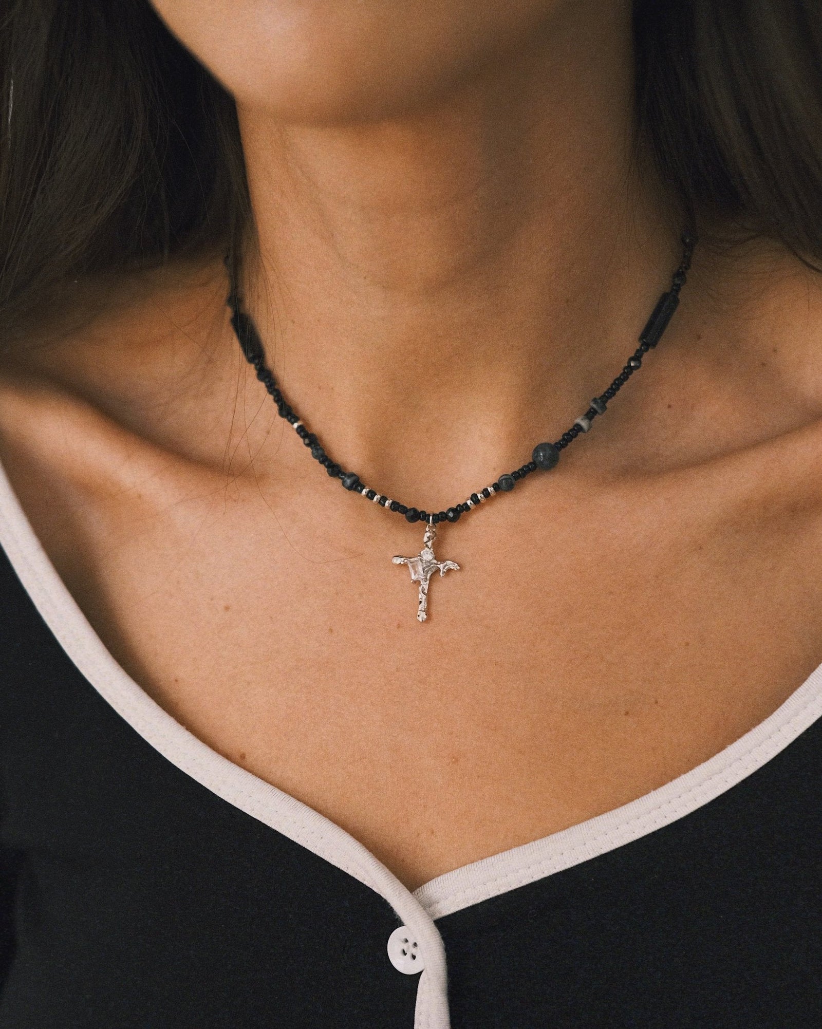 Black Bead Cross Necklace — Sterling Silver Necklace