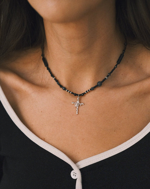 Black Bead Cross Necklace — Sterling Silver Necklace