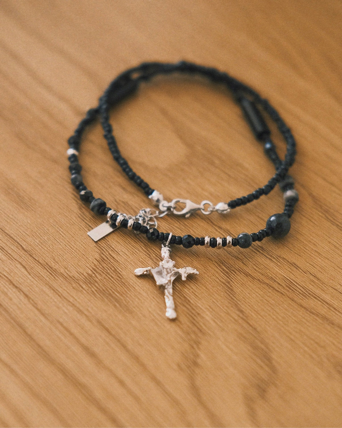 Black Bead Cross Necklace — Sterling Silver Necklace, alternate view