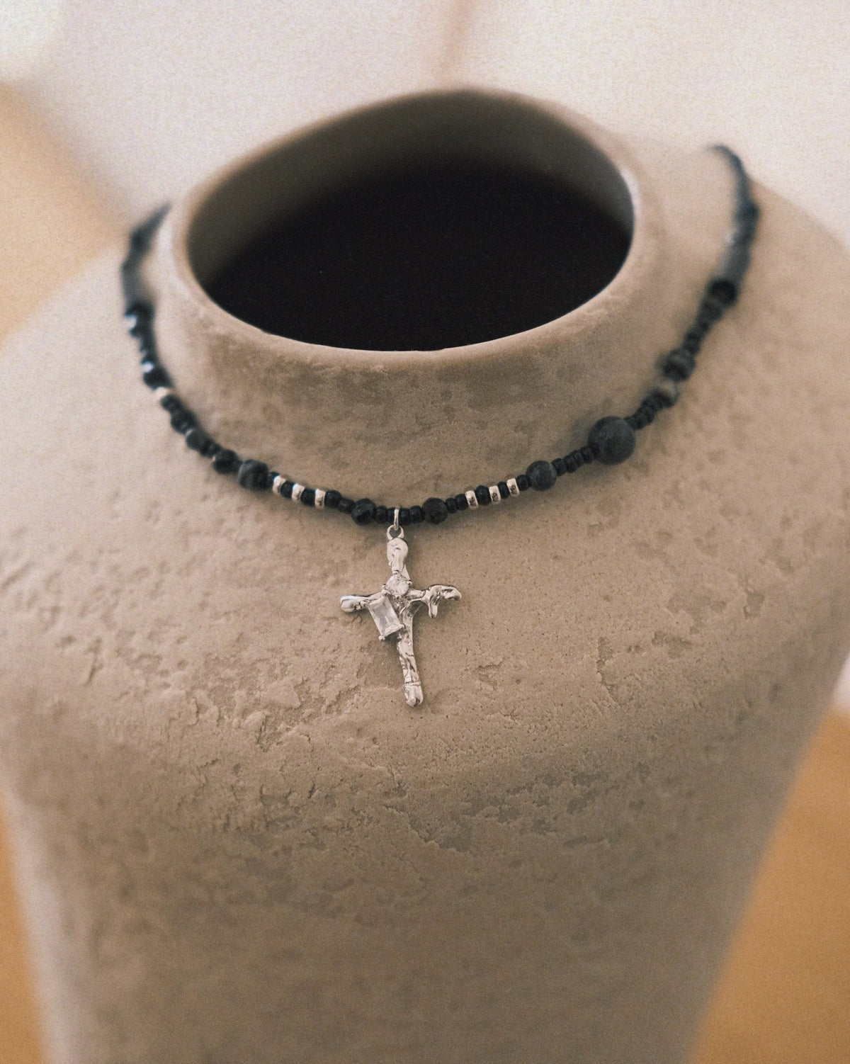 Black Bead Cross Necklace — Sterling Silver Necklace, alternate view