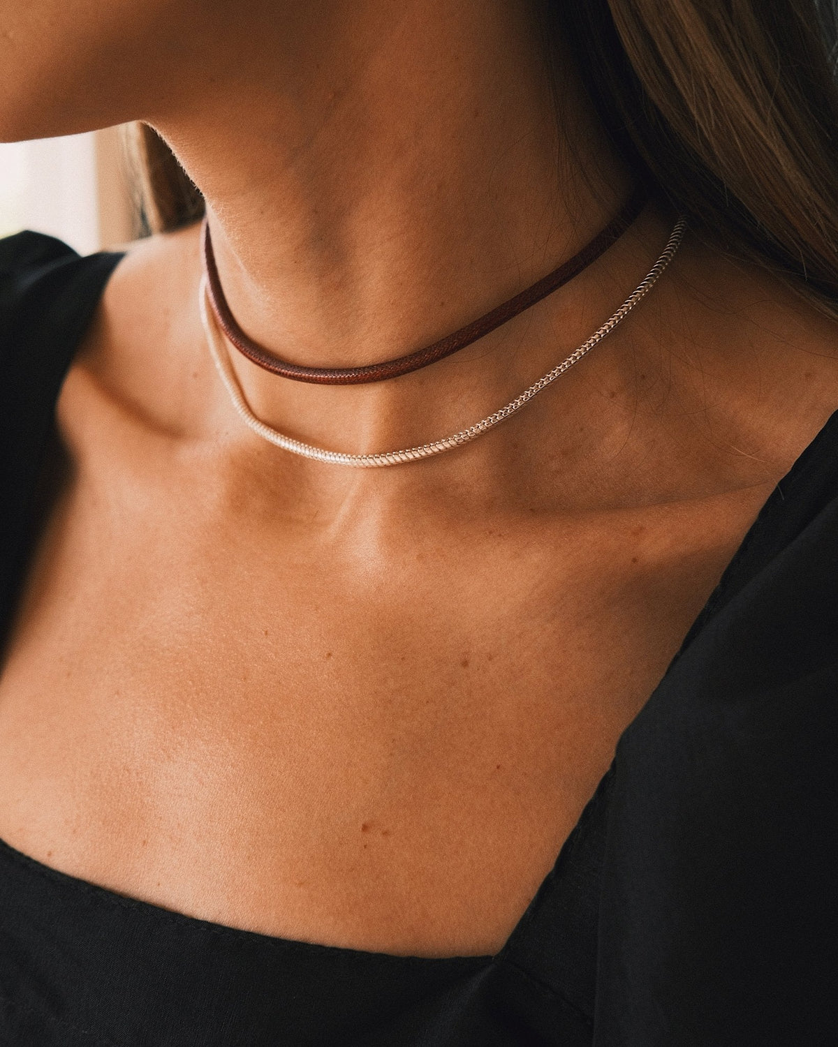 Oxblood Ribbon Choker — Silver-Tone Necklace