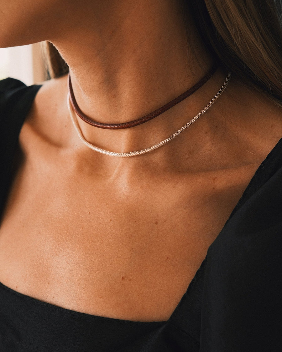 Oxblood Ribbon Choker — Silver-Tone Necklace
