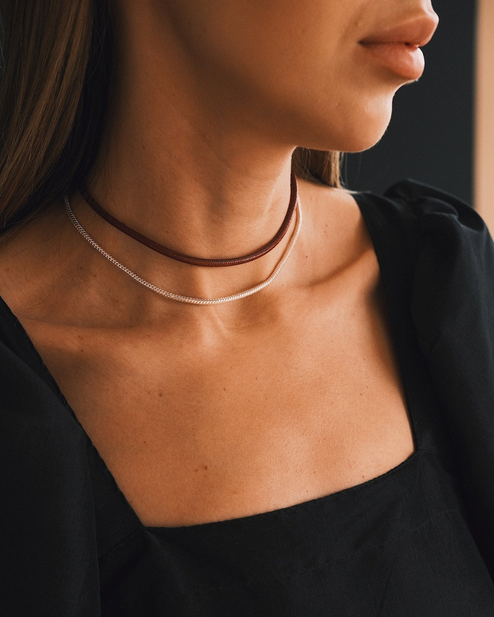 Oxblood Ribbon Choker — Silver-Tone Necklace, alternate view