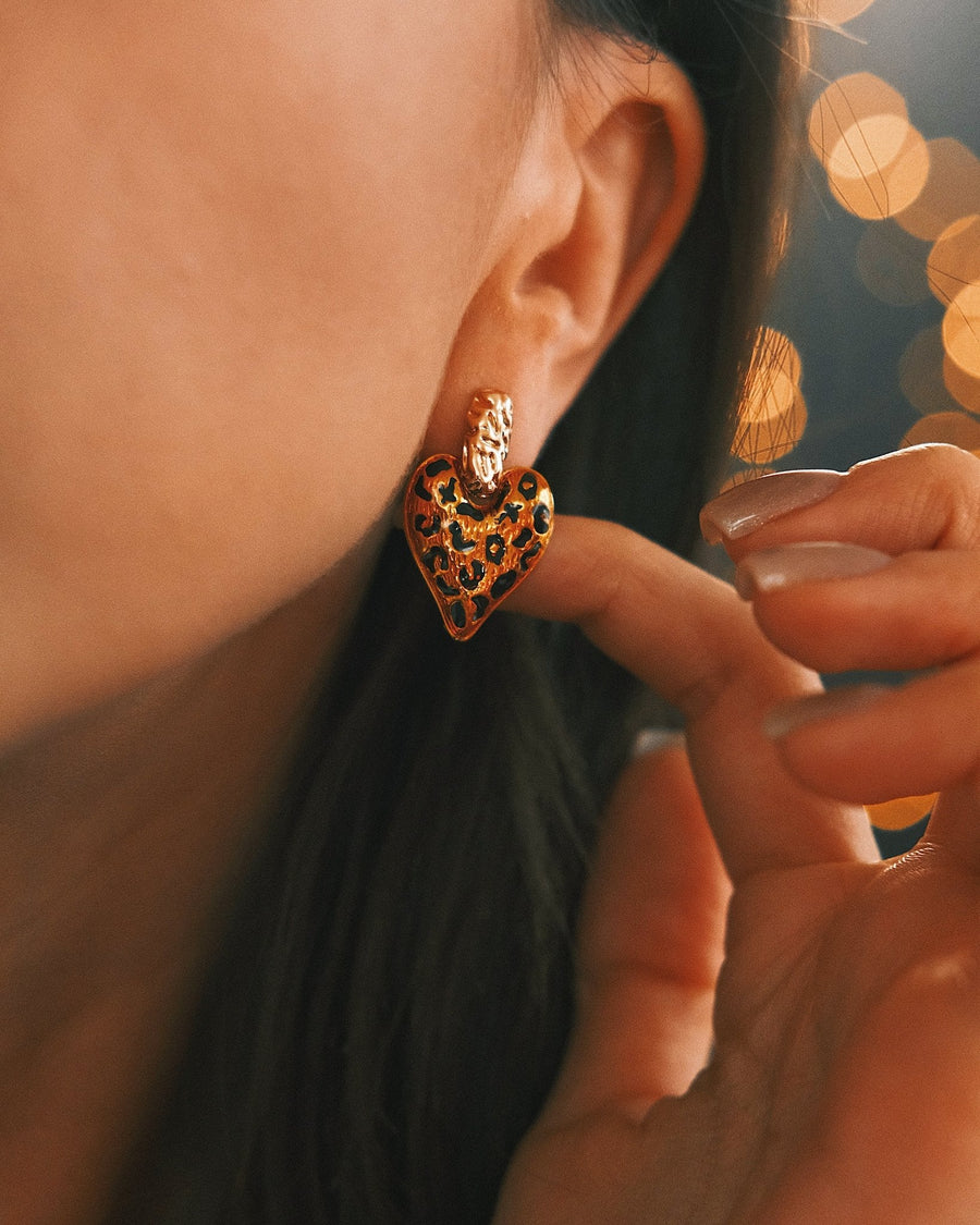 Leopard Heart Drops — Gold-Tone Drop Earrings