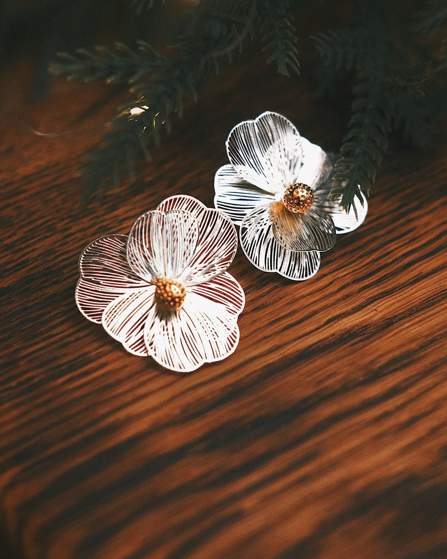 Etched Flower Studs — Gold-Tone Sterling Silver Stud Earrings, alternate view
