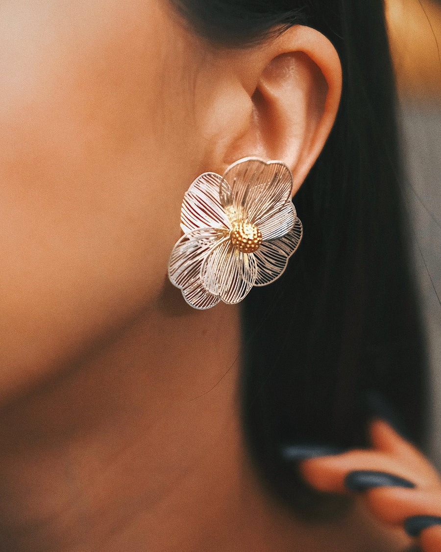 Etched Flower Studs — Gold-Tone Sterling Silver Stud Earrings, alternate view