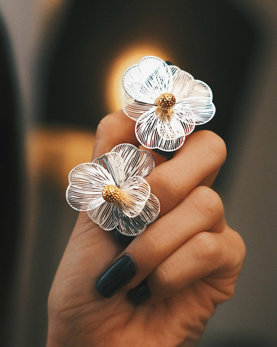 Etched Flower Studs — Gold-Tone Sterling Silver Stud Earrings