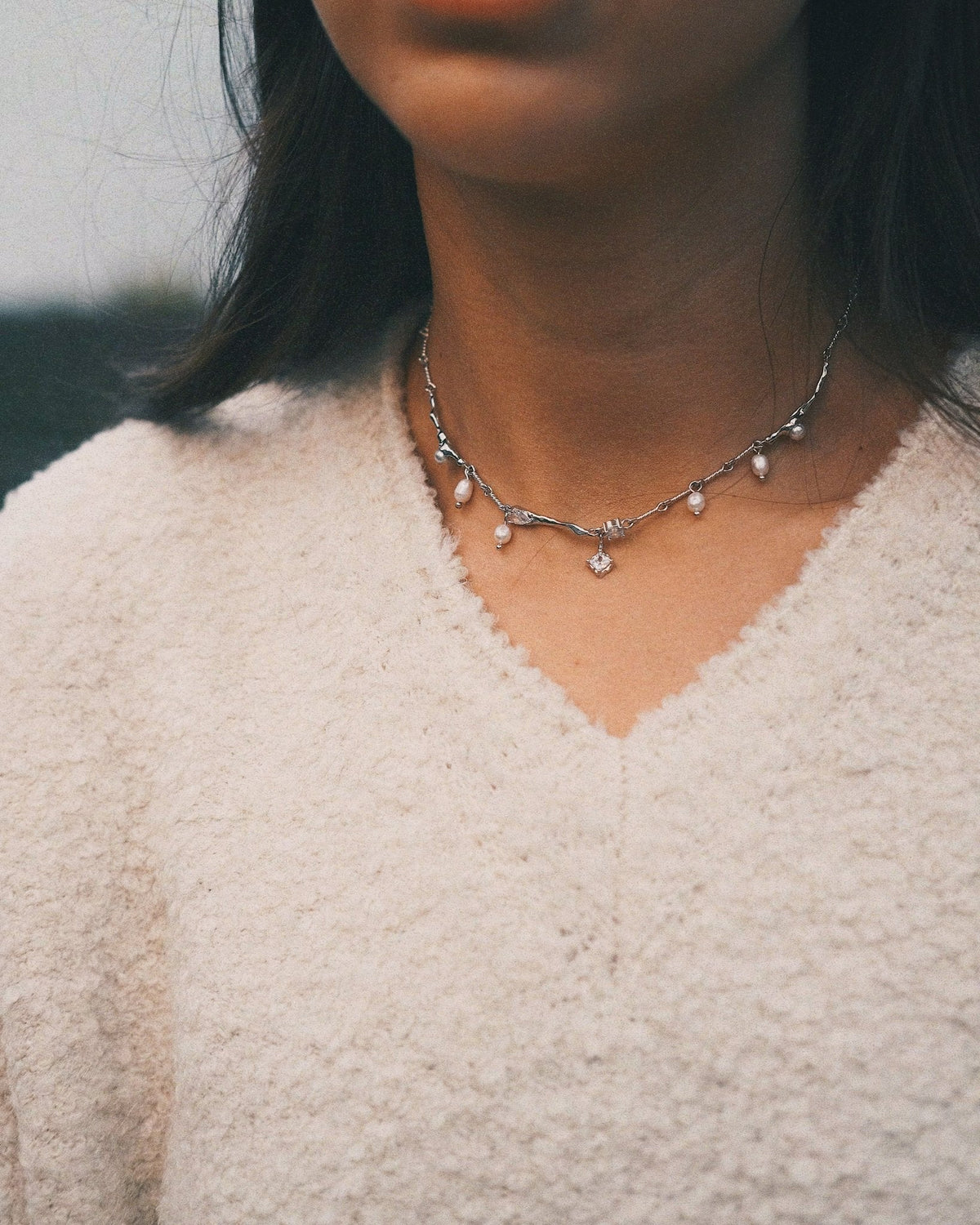 Pearl Charm Necklace — Sterling Silver Necklace, alternate view