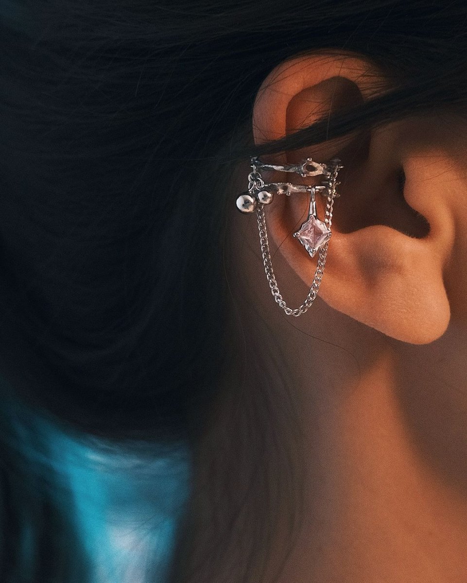 Pink Drop Ear Cuff — Sterling Silver Ear Cuff