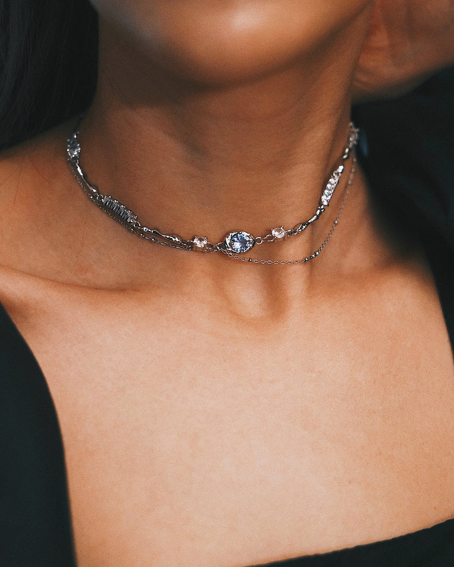 Layered Crystal Collar — Sterling Silver Necklace