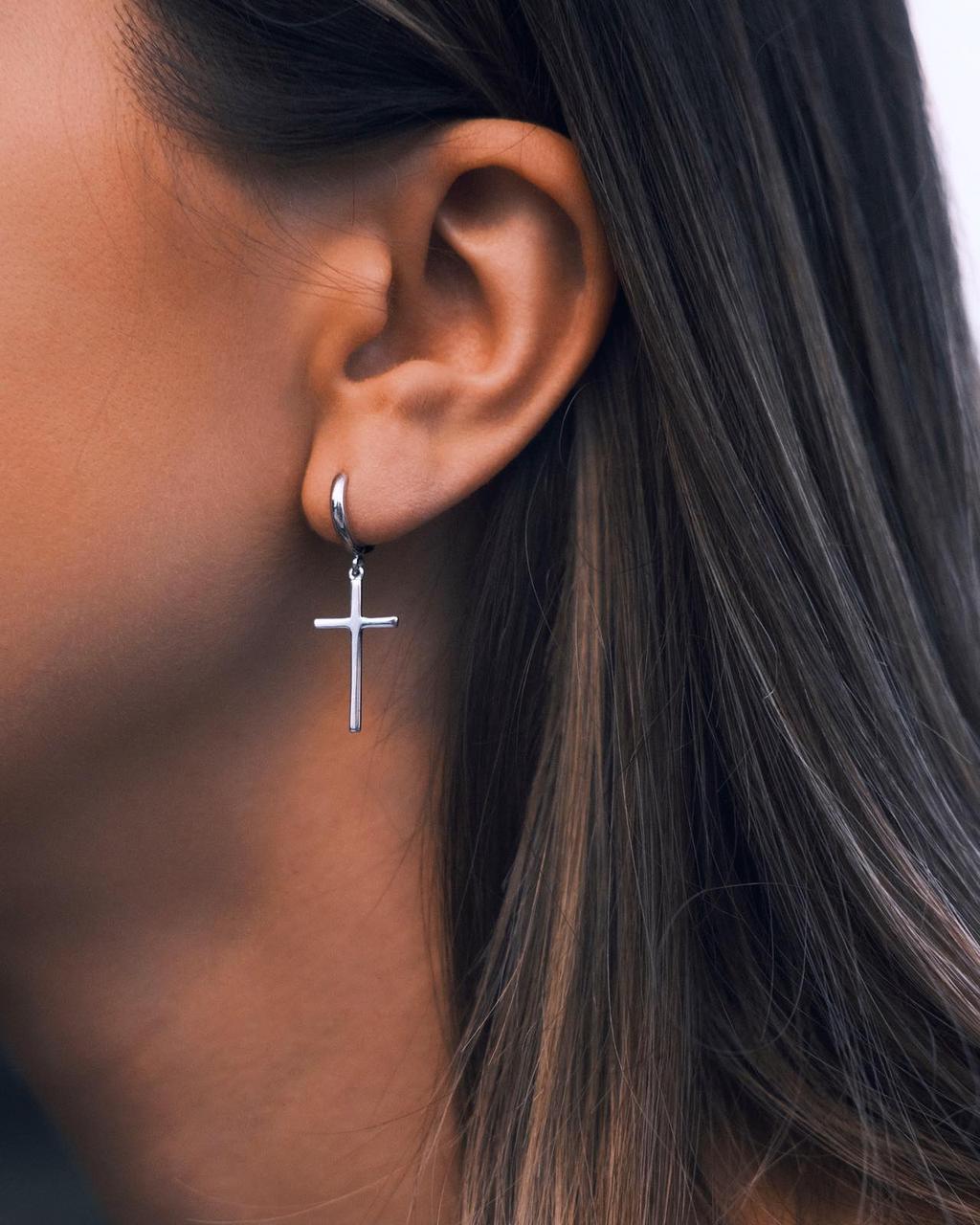 Silver Cross Huggies — Sterling Silver Huggie Earrings, alternate view