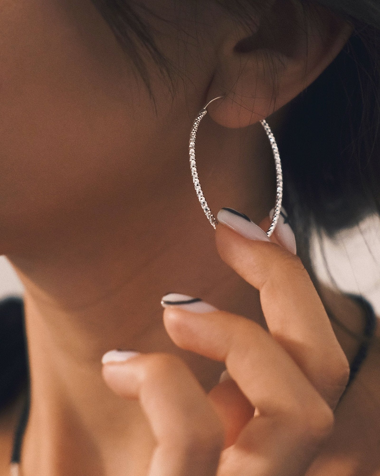 Faceted Oval Hoops — Sterling Silver Hoop Earrings, alternate view