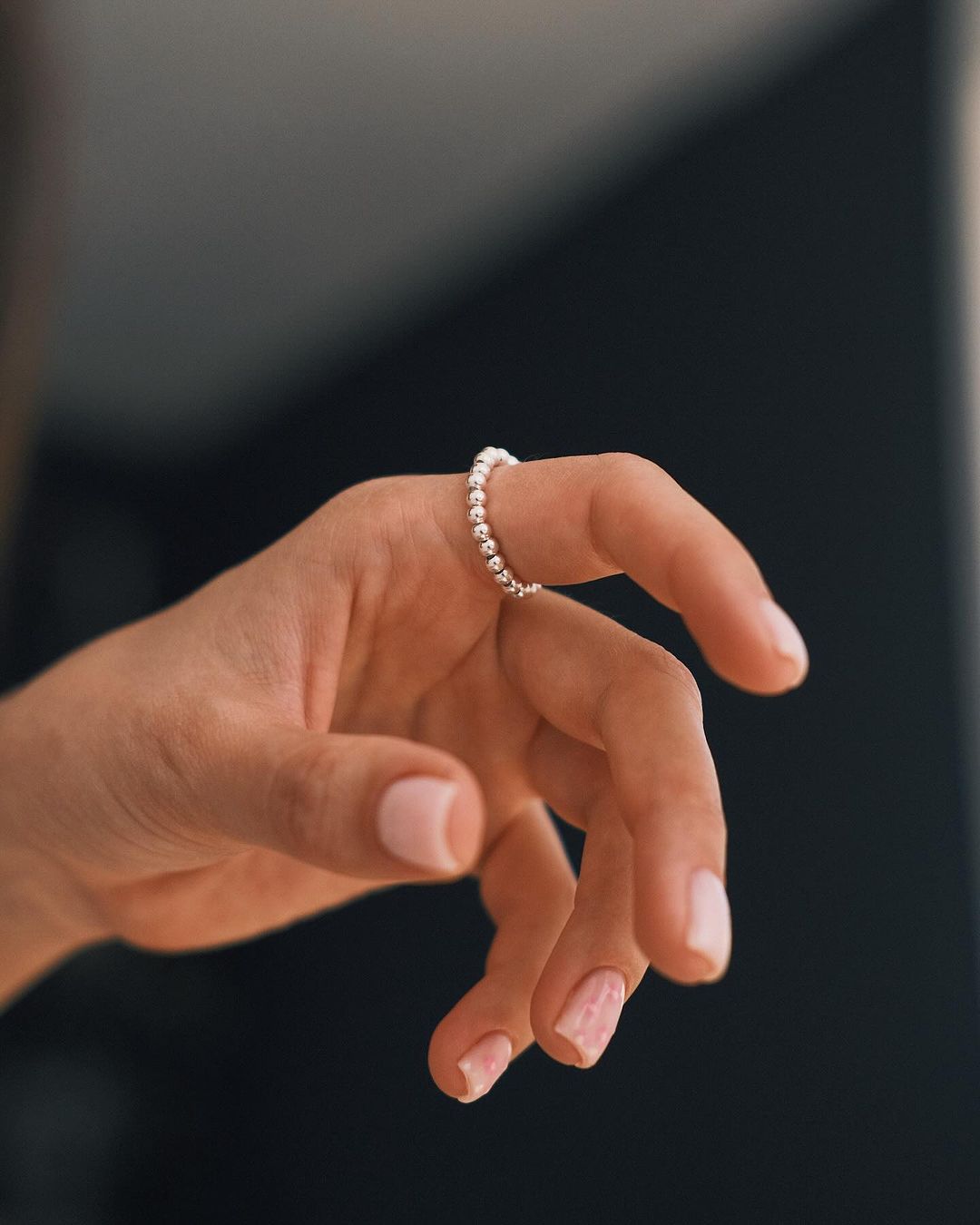 Beaded Elastic Ring — Sterling Silver Ring, alternate view