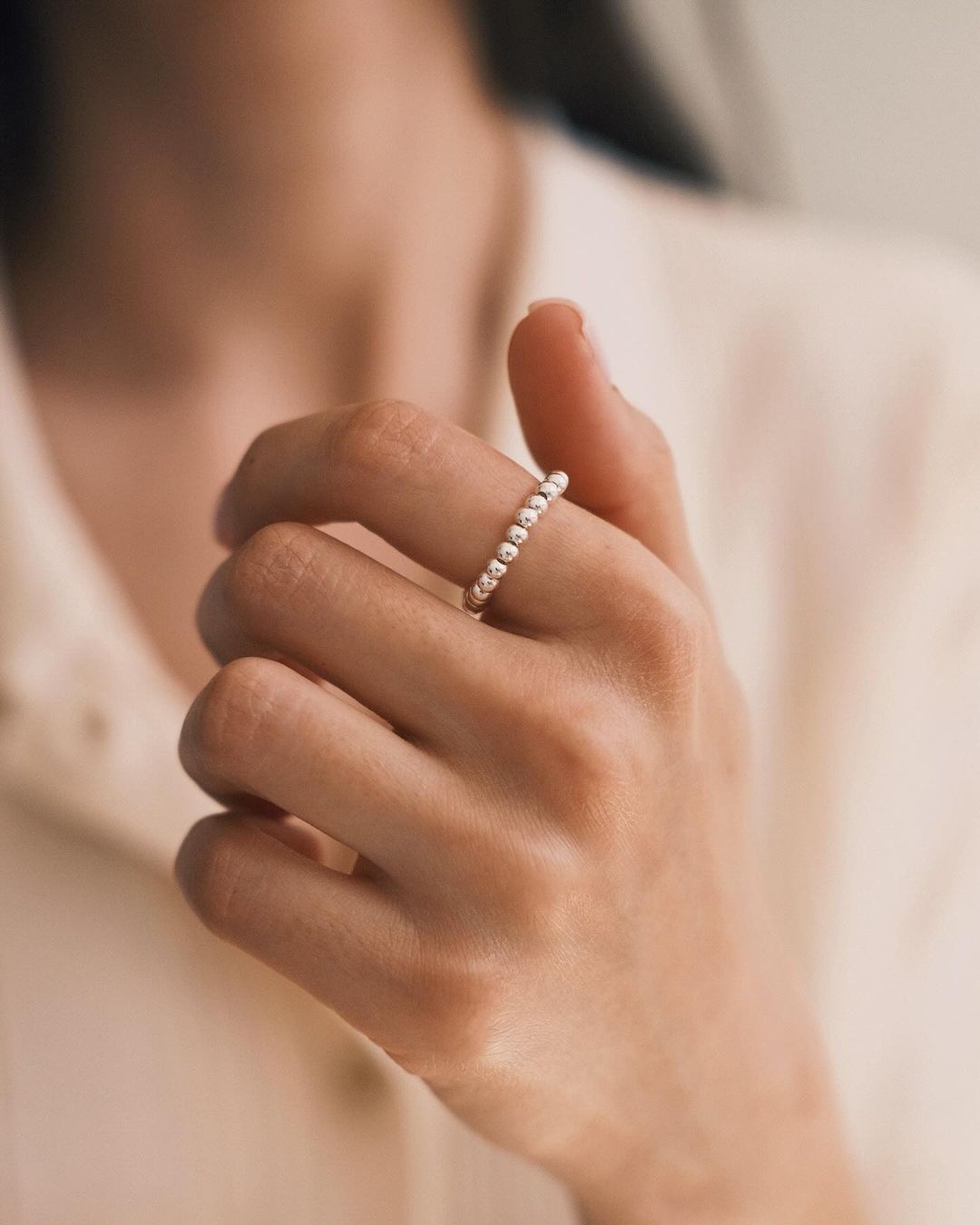 Beaded Elastic Ring — Sterling Silver Ring, alternate view