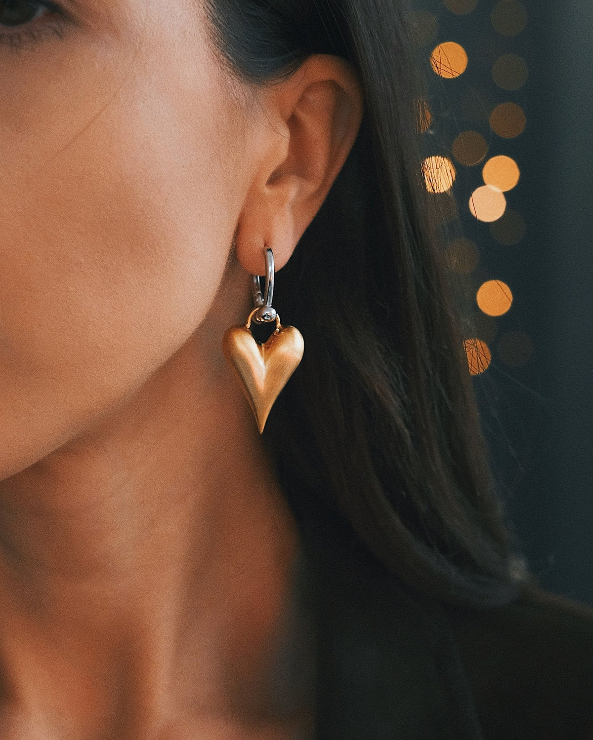 Puffed Heart Huggies — Gold-Tone Huggie Earrings, alternate view