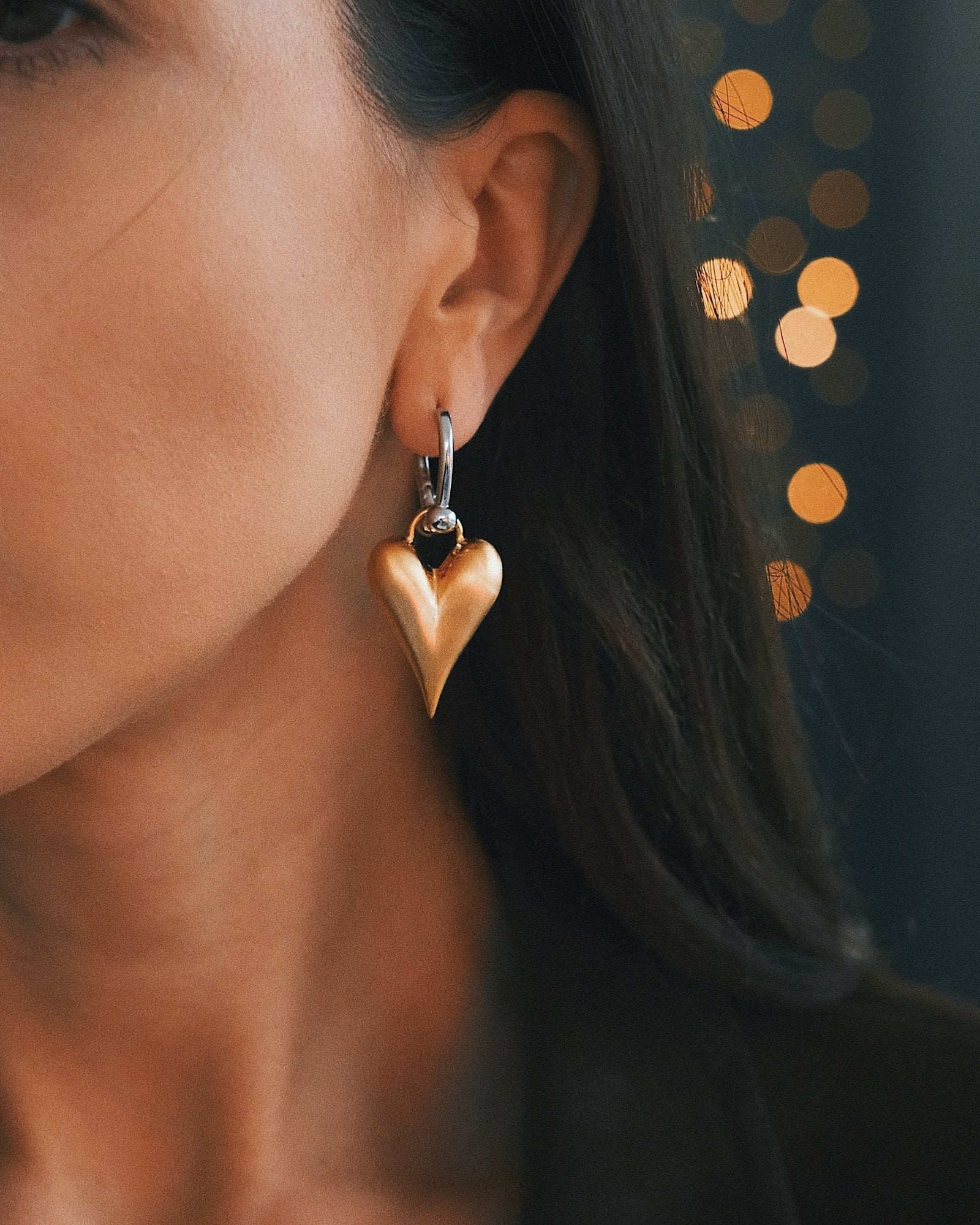 Puffed Heart Huggies — Gold-Tone Huggie Earrings, alternate view