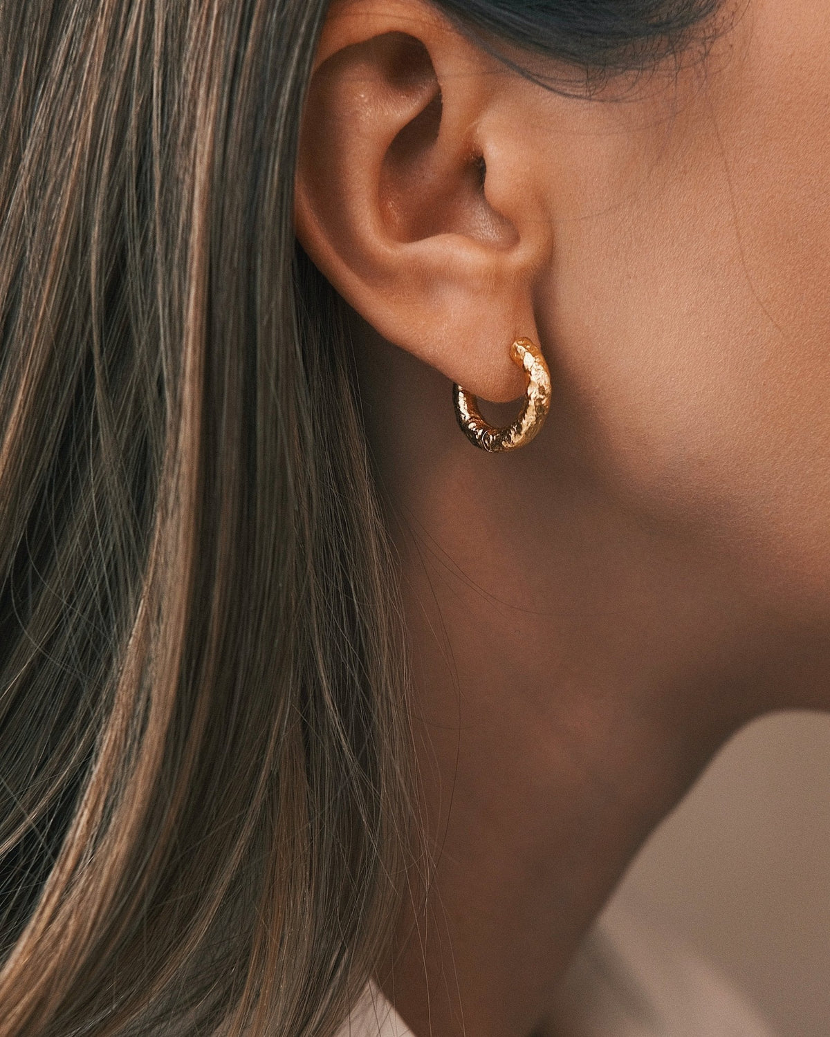 Sculpted Mini Hoop — Gold-Tone Sterling Silver Hoop Earrings, alternate view