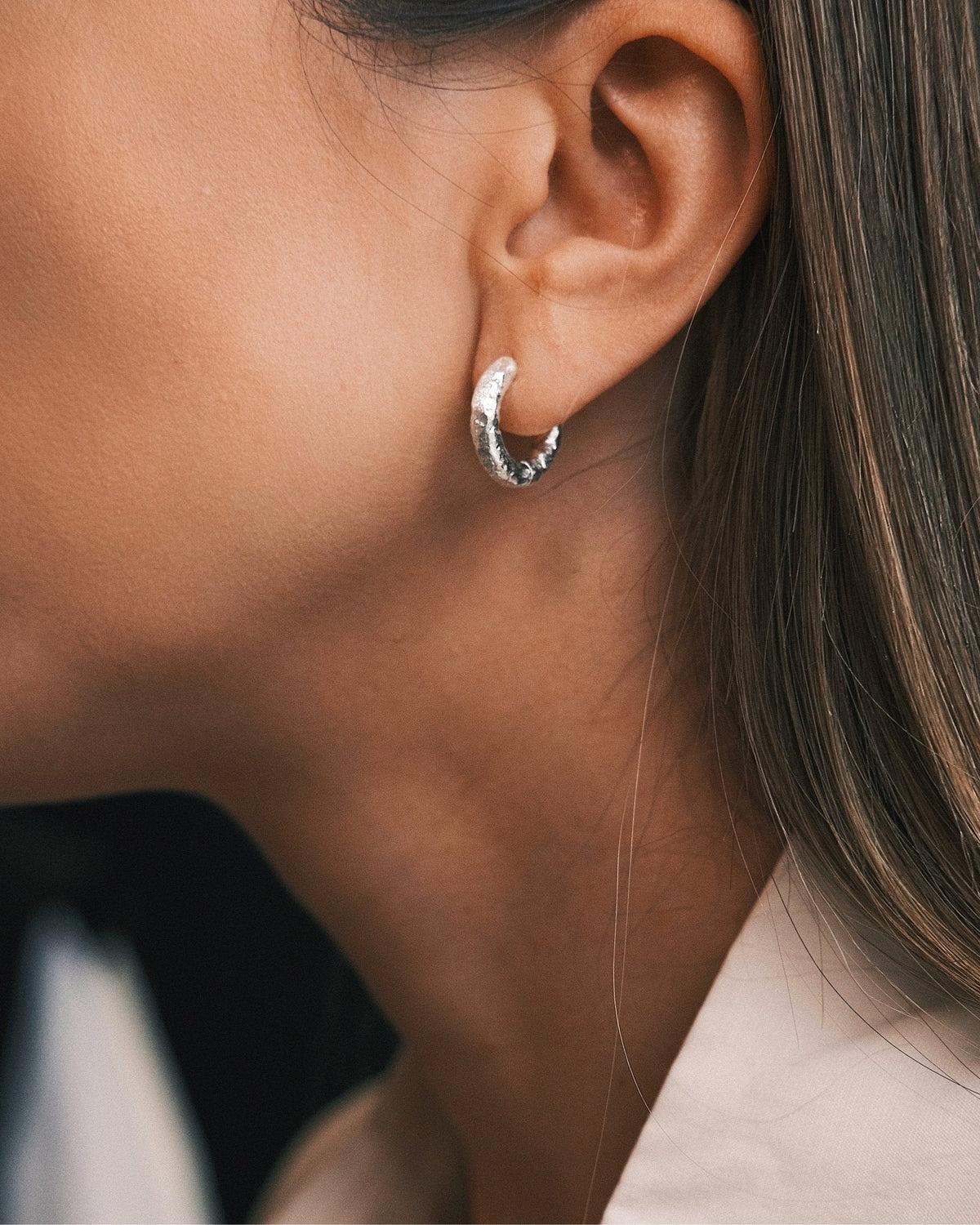 Sculpted Mini Hoop — Gold-Tone Sterling Silver Hoop Earrings, alternate view
