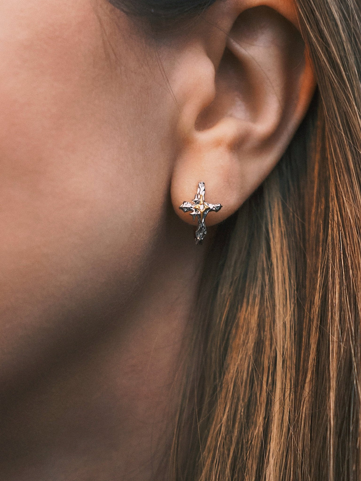 Star Cross Hoops — Gold-Tone Sterling Silver Hoop Earrings, alternate view