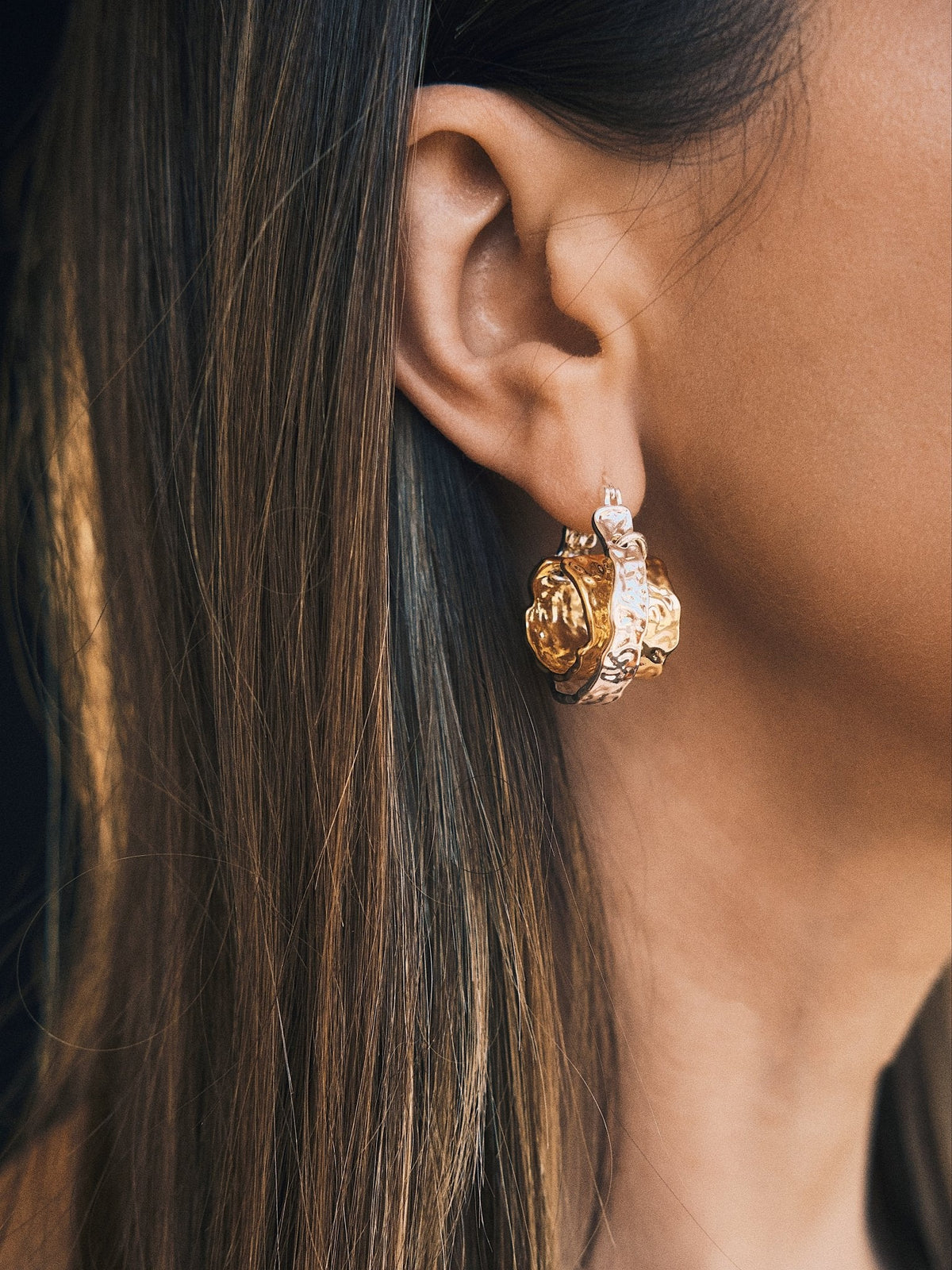 Two-Tone Crushed Hoops — Gold-Tone Hoop Earrings, alternate view